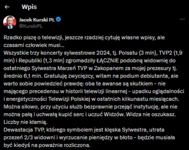 Jacek Kurski attacks TVP after New Year&#39;s Eve concert. He also recalled how it was "during his presidency"